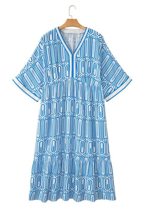 Geometric Print Contrast Trim V Neck A Line Maxi Dress