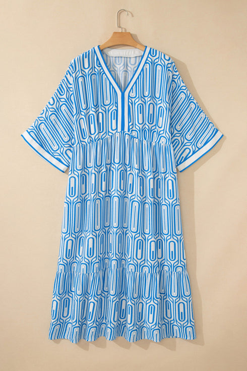 Geometric Print Contrast Trim V Neck A Line Maxi Dress