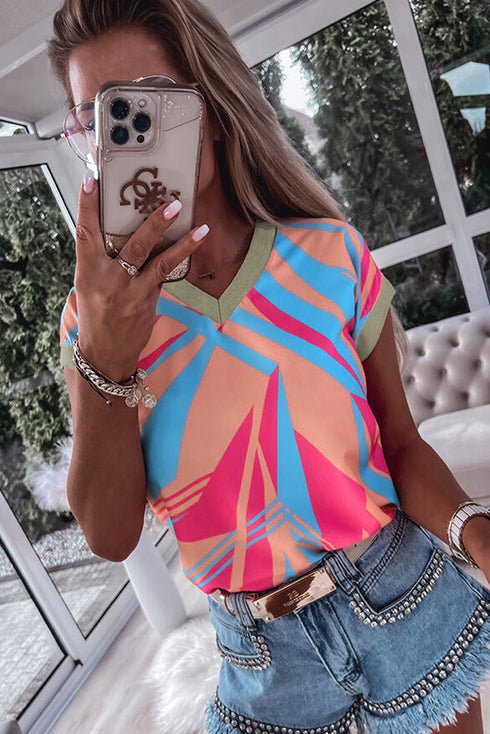 Geometric Print Contrast Trim V Neck Blouse