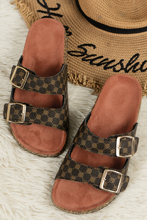 Geometric Print Cut Out Buckle Detail Flat Slide