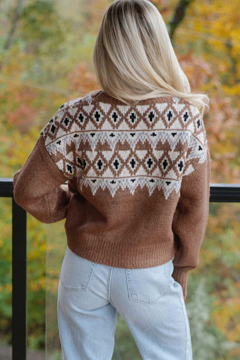 Geometric Print Drop Shoulder Alpine Inspired Pullover Sweater