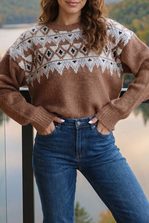 Geometric Print Drop Shoulder Alpine Inspired Pullover Sweater