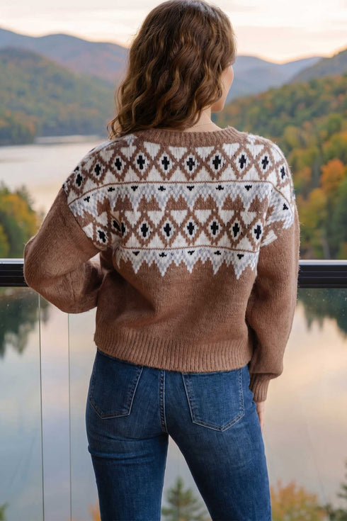 Geometric Print Drop Shoulder Alpine Inspired Pullover Sweater