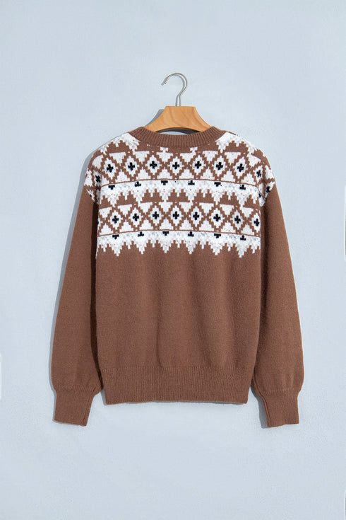 Geometric Print Drop Shoulder Alpine Inspired Pullover Sweater