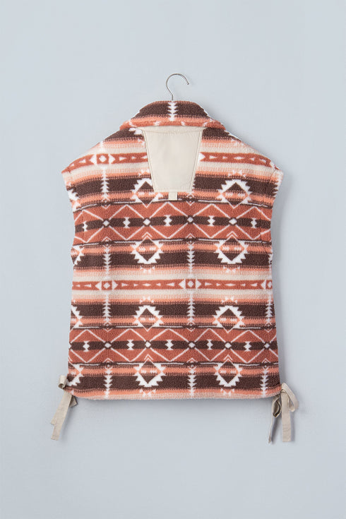 Geometric Print Fleece Metal Button Placket Shift Silhouette Vest