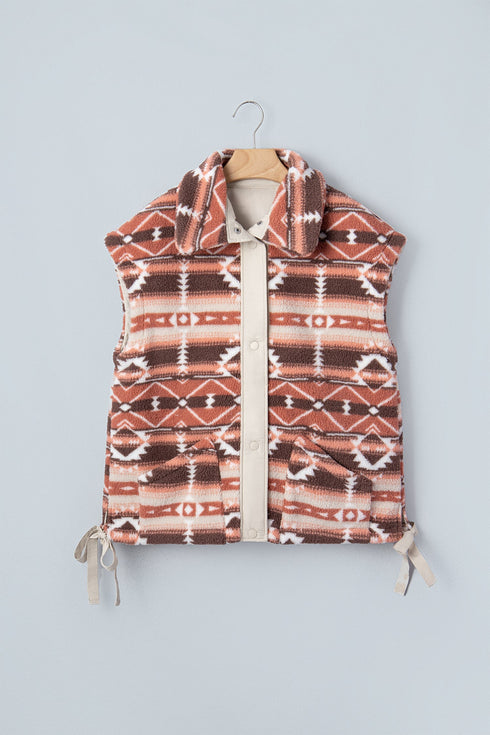 Geometric Print Fleece Metal Button Placket Shift Silhouette Vest