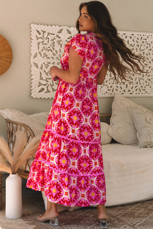 Geometric Print Flutter Sleeve Tiered Midi Dress