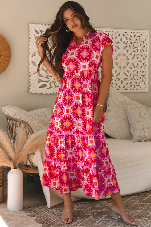 Geometric Print Flutter Sleeve Tiered Midi Dress