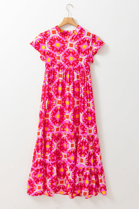 Geometric Print Flutter Sleeve Tiered Midi Dress