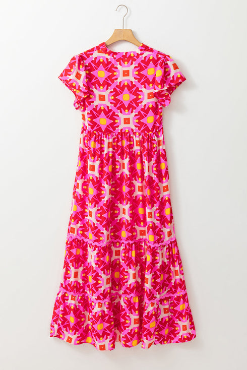 Geometric Print Flutter Sleeve Tiered Midi Dress