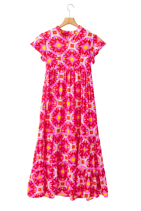 Geometric Print Flutter Sleeve Tiered Midi Dress