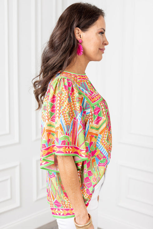 Geometric Print Flutter Sleeve Woven Peasant Blouse