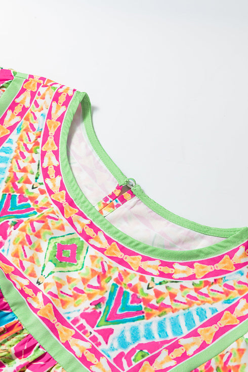 Geometric Print Flutter Sleeve Woven Peasant Blouse