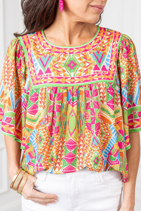 Geometric Print Flutter Sleeve Woven Peasant Blouse