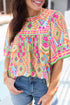 Geometric Print Flutter Sleeve Woven Peasant Blouse