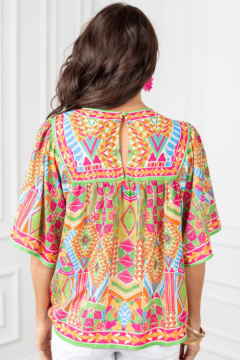 Geometric Print Flutter Sleeve Woven Peasant Blouse