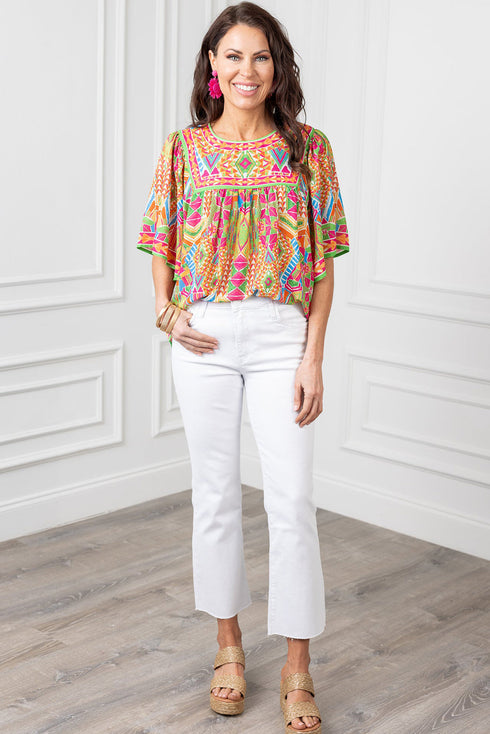 Geometric Print Flutter Sleeve Woven Peasant Blouse