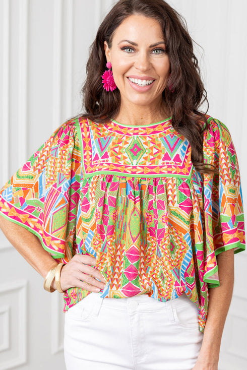 Geometric Print Flutter Sleeve Woven Peasant Blouse
