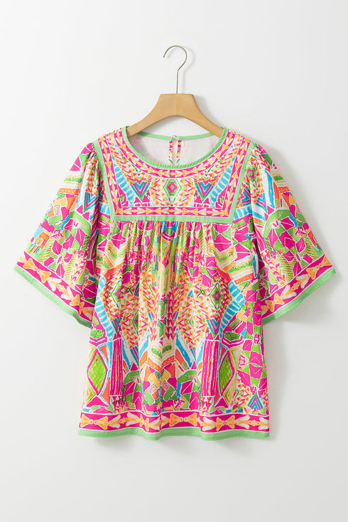 Geometric Print Flutter Sleeve Woven Peasant Blouse