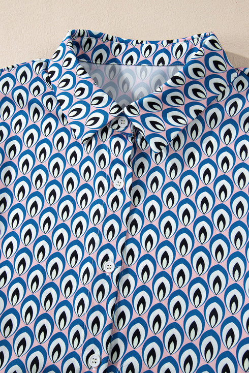 Geometric Print Long Sleeve Button Down Blouse