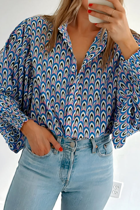 Geometric Print Long Sleeve Button Down Blouse
