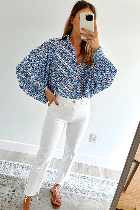 Geometric Print Long Sleeve Button Down Blouse