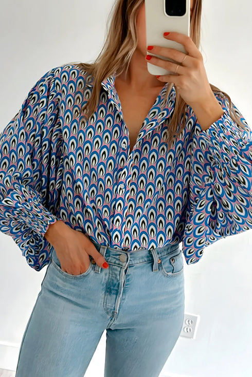 Geometric Print Long Sleeve Button Down Blouse