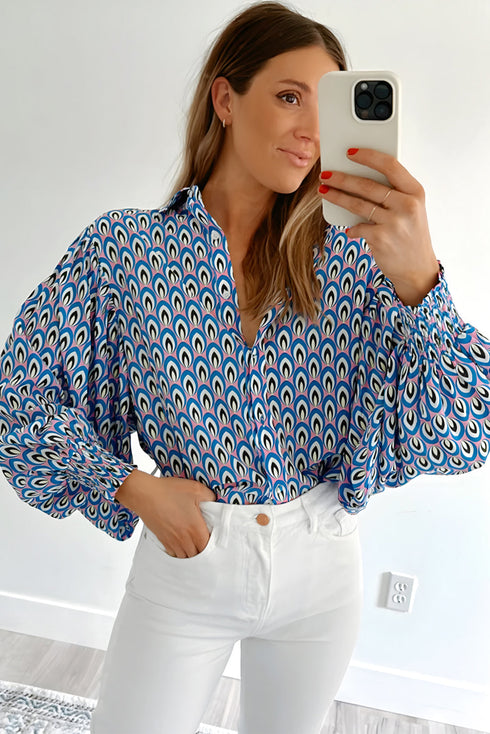 Geometric Print Long Sleeve Button Down Blouse