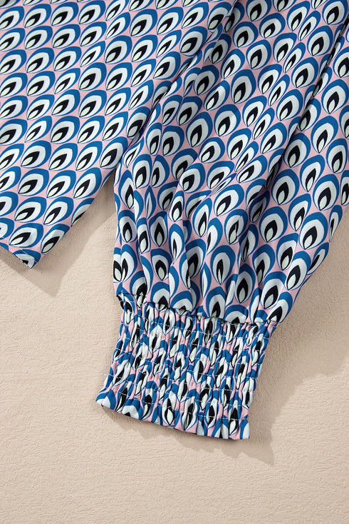 Geometric Print Long Sleeve Button Down Blouse
