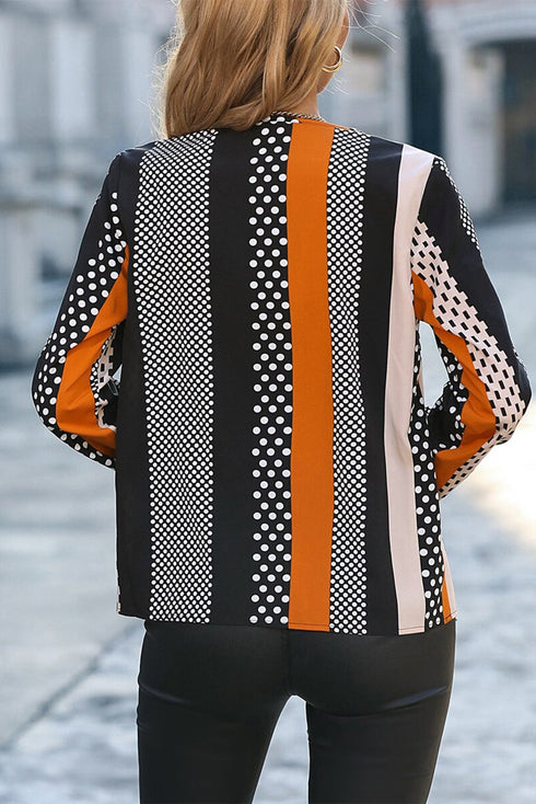 Geometric Print Mixed Pattern Notched V Neck Blouse