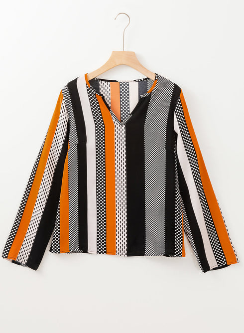 Geometric Print Mixed Pattern Notched V Neck Blouse