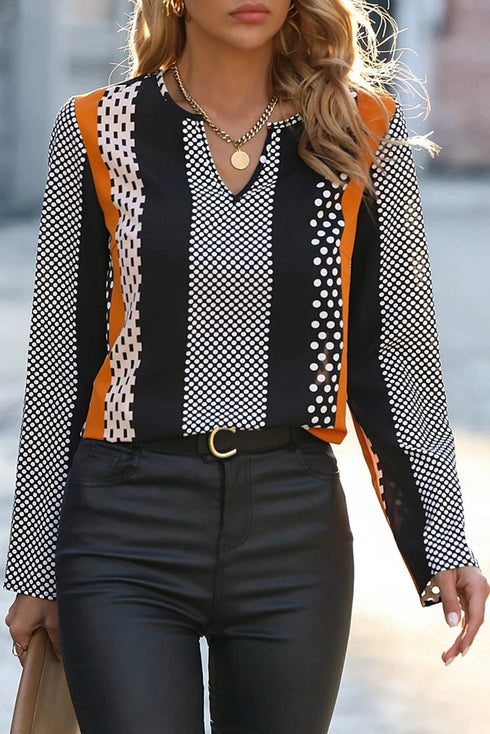 Geometric Print Mixed Pattern Notched V Neck Blouse