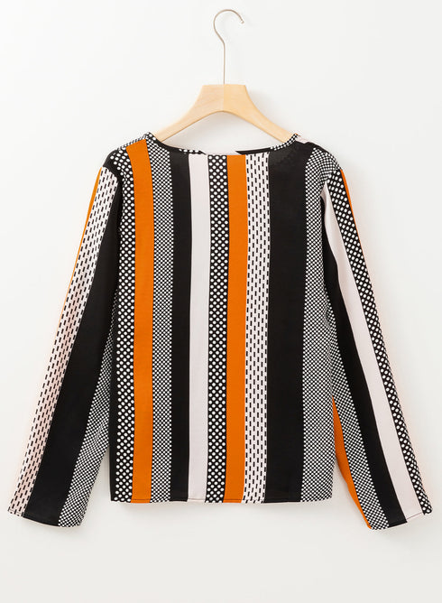Geometric Print Mixed Pattern Notched V Neck Blouse