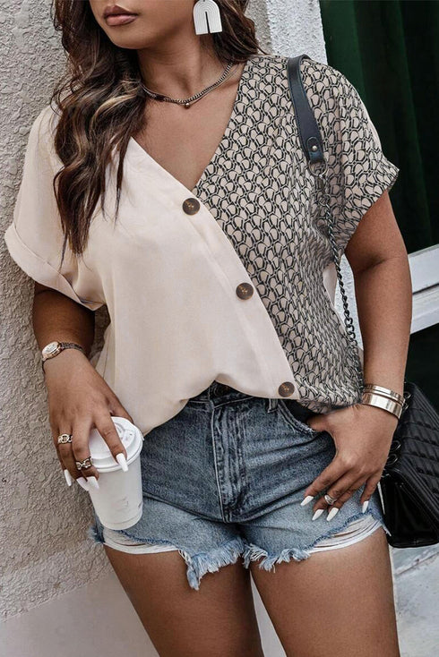 Geometric Print Patchwork V Neck Short Sleeve Plus Size Blouse