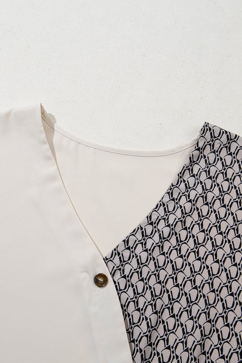 Geometric Print Patchwork V Neck Short Sleeve Plus Size Blouse