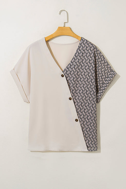 Geometric Print Patchwork V Neck Short Sleeve Plus Size Blouse