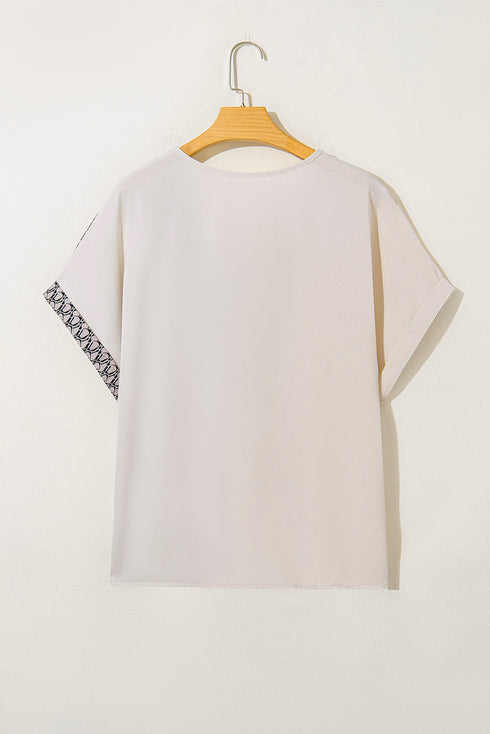Geometric Print Patchwork V Neck Short Sleeve Plus Size Blouse