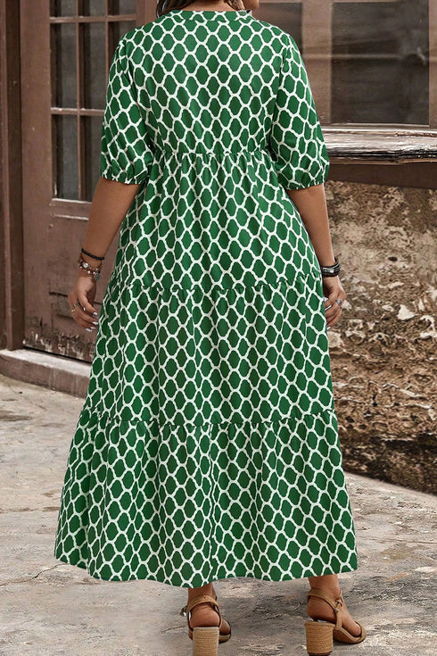 Geometric Print Pocketed Ruffle Hem A Line Maxi Dress