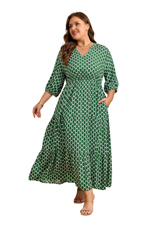 Geometric Print Pocketed Ruffle Hem A Line Maxi Dress