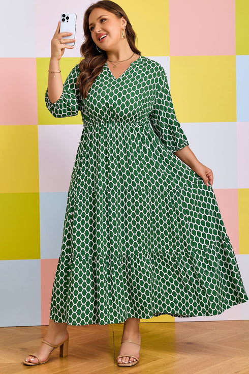Geometric Print Pocketed Ruffle Hem A Line Maxi Dress