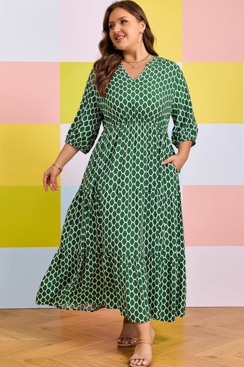 Geometric Print Pocketed Ruffle Hem A Line Maxi Dress