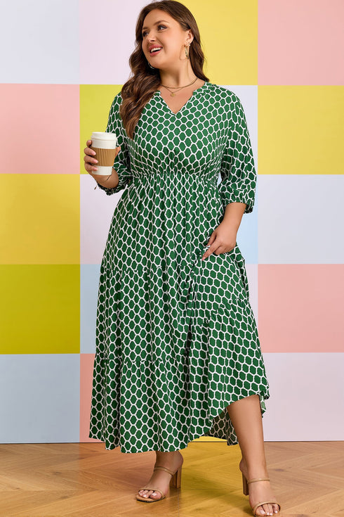 Geometric Print Pocketed Ruffle Hem A Line Maxi Dress