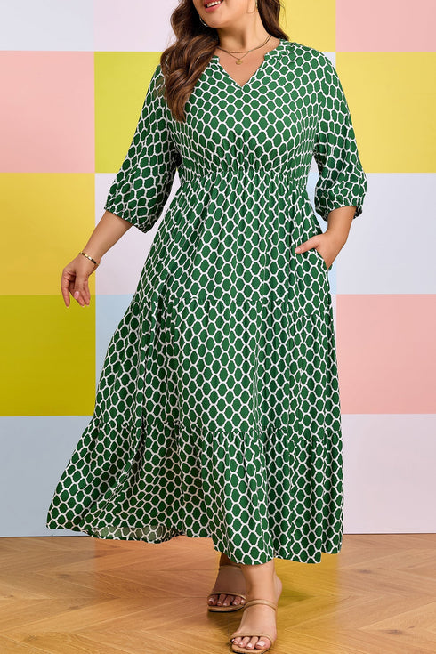 Geometric Print Pocketed Ruffle Hem A Line Maxi Dress