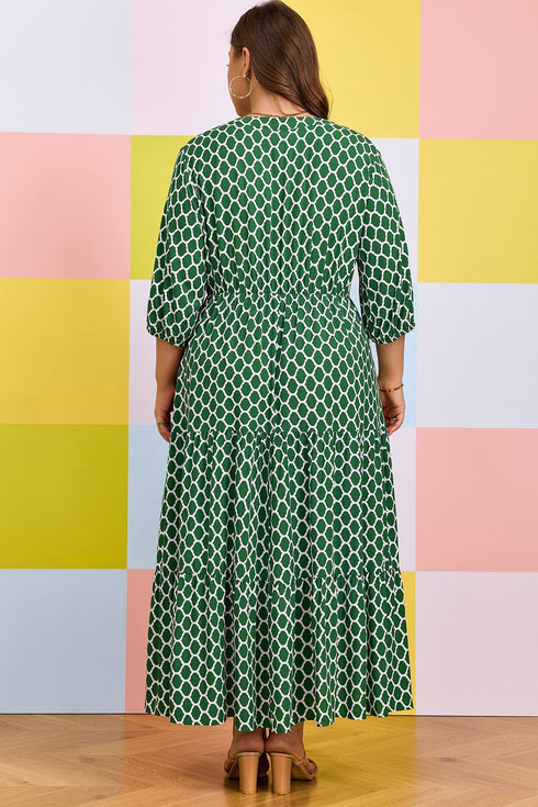Geometric Print Pocketed Ruffle Hem A Line Maxi Dress