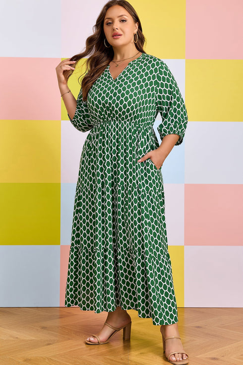 Geometric Print Pocketed Ruffle Hem A Line Maxi Dress