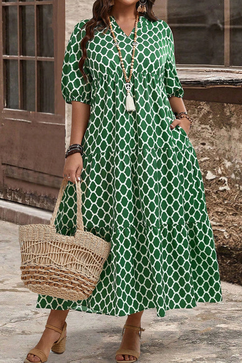Geometric Print Pocketed Ruffle Hem A Line Maxi Dress
