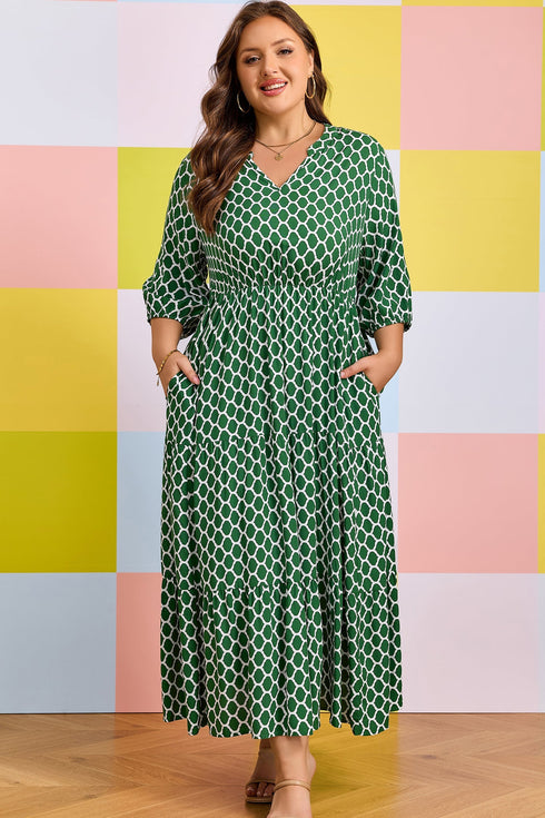Geometric Print Pocketed Ruffle Hem A Line Maxi Dress
