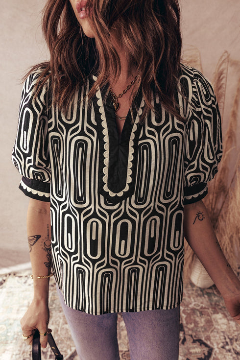 Geometric Print Scallop Trim Puff Sleeve Blouse