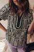 Geometric Print Scallop Trim Puff Sleeve Blouse