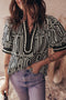 Geometric Print Scallop Trim Puff Sleeve Blouse